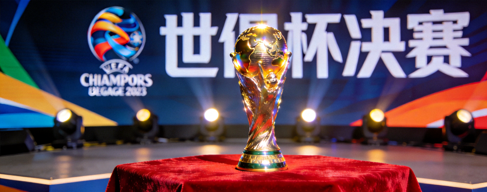 世俱杯决赛奖杯在颁奖台上闪耀的官方照片